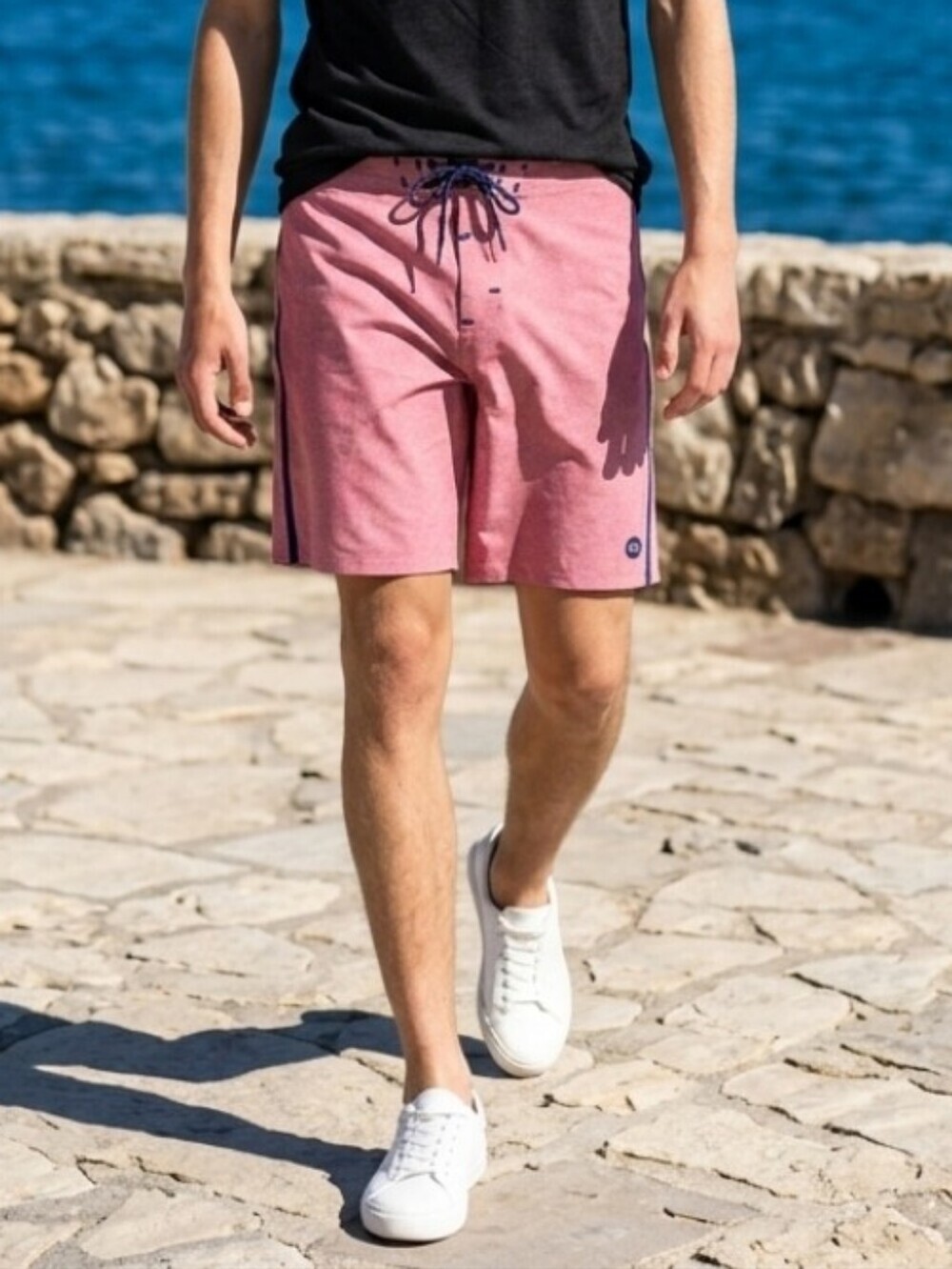 Men's Salmon Board Shorts with Navy Stripe